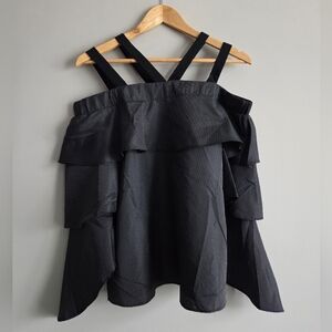 Love J Black Pinstripe Off Shoulder Ruffle Top Strappy Back Blouse Chic Modern S